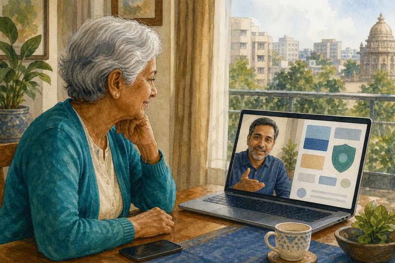 An older Indian man and his adult daughter review a loan-related email together at a laptop in a calm home setting.